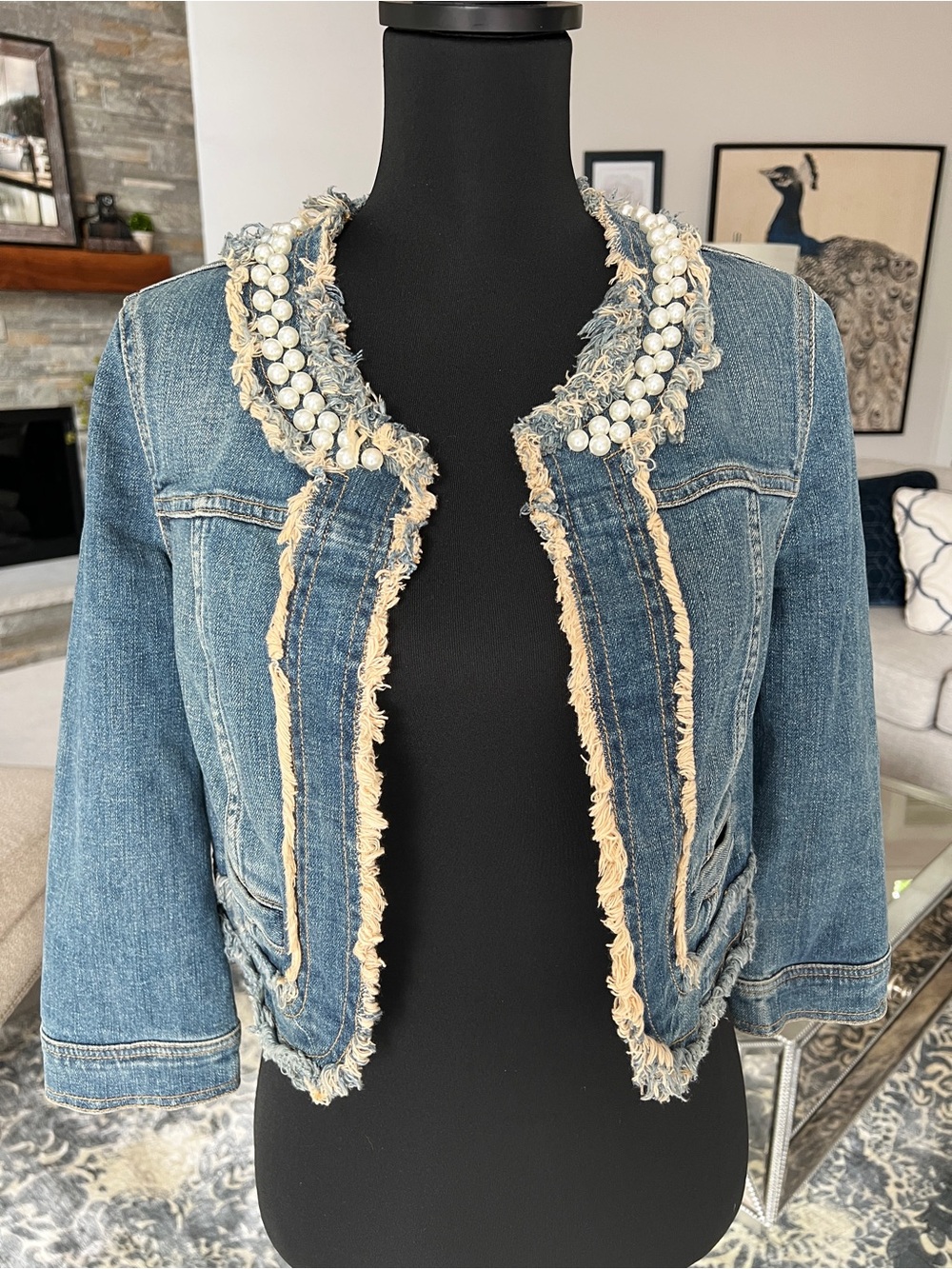 Princess Vera Wang with Embellished Pearl Neckline Denim Jacket - Blue